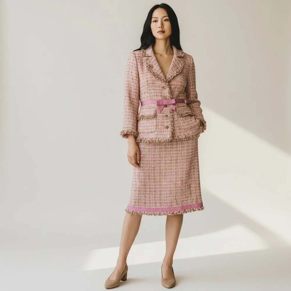 JÔN Pink Tweed Skirt Suit Set Jacket 10 Skirt 6 Fringe Trim‎ Bow